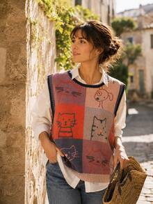 New Spring/Summer Women's Round Neck Sleeveless Tank Top, Cartoon Colorful Cat Print, Colorblock Knit Trim, Suitable For Daily Wear Fall - Apricot - View 6