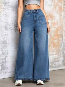 Women's Wide Leg Jeans Solid Color Washed Mid-Stretch Woven Fabric Fringed Hem Casual Fall - Light Wash - View 4