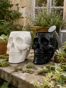 1pc Gothic Skull Planter With Embossed Floral Design, Decorative Succulent Flower Pot For Garden, Patio, Porch, Balcony & Home Decor, Halloween Decoration - A - View 5