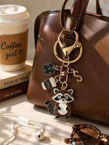 1pc Raccoon Coffee Theme Gold Keychain, Girls Bag Decoration Pendant, Niche Design Raccoon Coffee Cup Key Ring, Coffee Cup Clock Element Creative Car Key Pendant, Keychain, Key Ring, Car Keychain - Multicolor Raccoon Coffee Mug - View 3