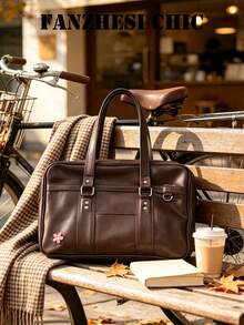 Ins Japanese Academy Style Minimalist Solid Color Cherry Blossom Embroidered Briefcase Large Capacity Can Fit Books Student Handbag Girl Commute Lolita Matching Shoulder Tote Bag - Coffee - View 7