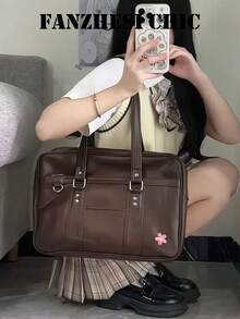 Ins Japanese Academy Style Minimalist Solid Color Cherry Blossom Embroidered Briefcase Large Capacity Can Fit Books Student Handbag Girl Commute Lolita Matching Shoulder Tote Bag - Coffee - View 8