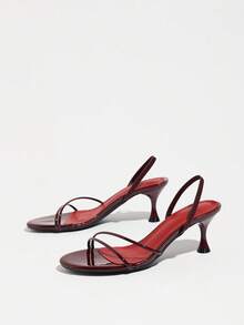 Women Autumn Bordeaux Mirror Round Toe Kitten Heel Sandals, Thin‑Strap Stretchy Slingback Red‑Insole Heels For Wedding Prom Evening Parties - Burgundy - View 5