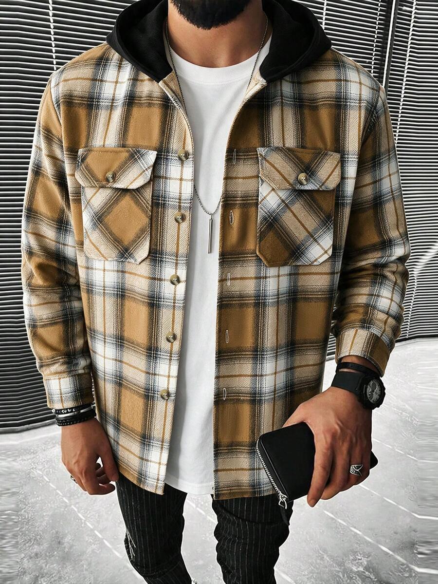 GloMan Men's Flannel Shackets Yellow‑White Plaid Black Hood Button Up Long Sleeve Shirt, Fall/Winter For Office Commute,Family Gather,Husband - Brown - View 1