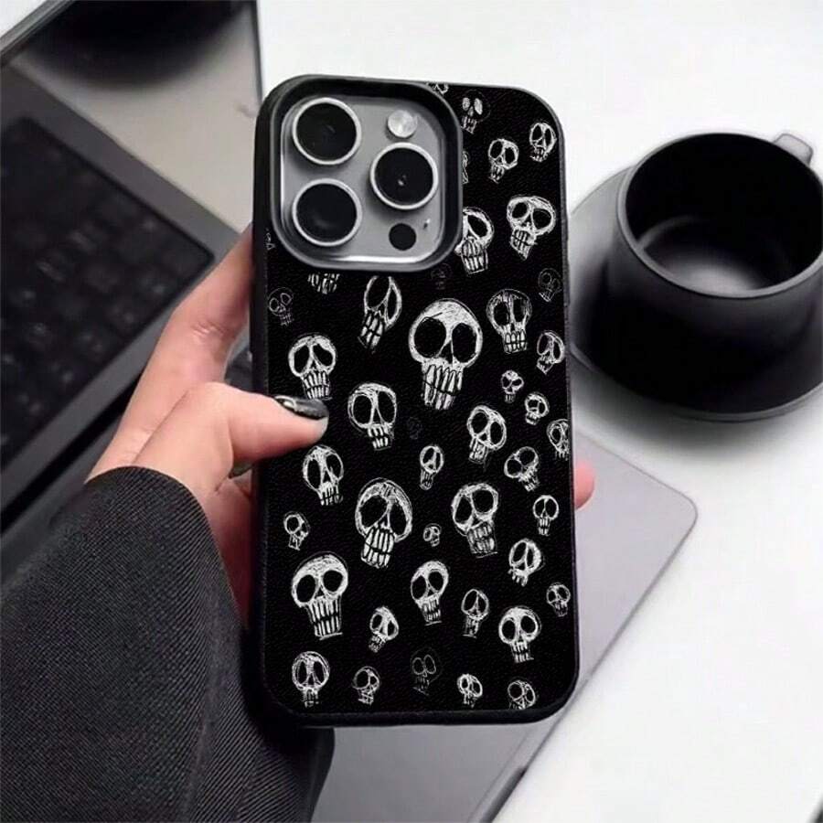1pc TPU Material Retro Cool Skull Personalized Pattern Phone Case Compatible With IPhone 17 Pro Max/17/16 Pro Max/15/13/12/11/ S20 FE/A15/S24/A55/ Note 11/Note 12/Note 13 Pro Full Coverage Anti-Drop Soft Shell Protective Cover - Black - View 1