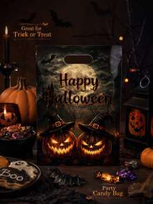 6pcs/10pcs Dark Gothic Halloween Trick Or Treat Gift Bags, Reusable Pumpkin & Witch Print Candy Bags With Handles, Party Favor Decorations - Multicolor - View 4