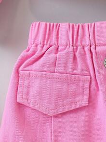 Girls Fashion Set Autumn/Winter Denim Lapel Faux Pocket Jacket Top + Denim Mini Skirt 2 Pieces Set - Pink - View 6