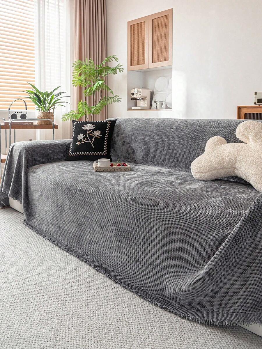 1pc Plush Solid Color Fringed Sofa Cover, Warm, Soft, Scratch-Resistant, Washable, For 1/2/3/4 Seater Sofa, Suitable For Autumn & Winter - Dark Grey - View 1
