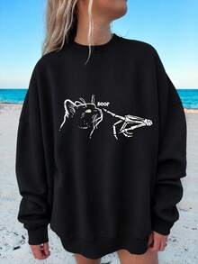 Cat Print Round Neck Sweatshirt, Plus Size Women's Casual Autumn/Winter Long Sleeve Sweatshirt Black - Black - View 2