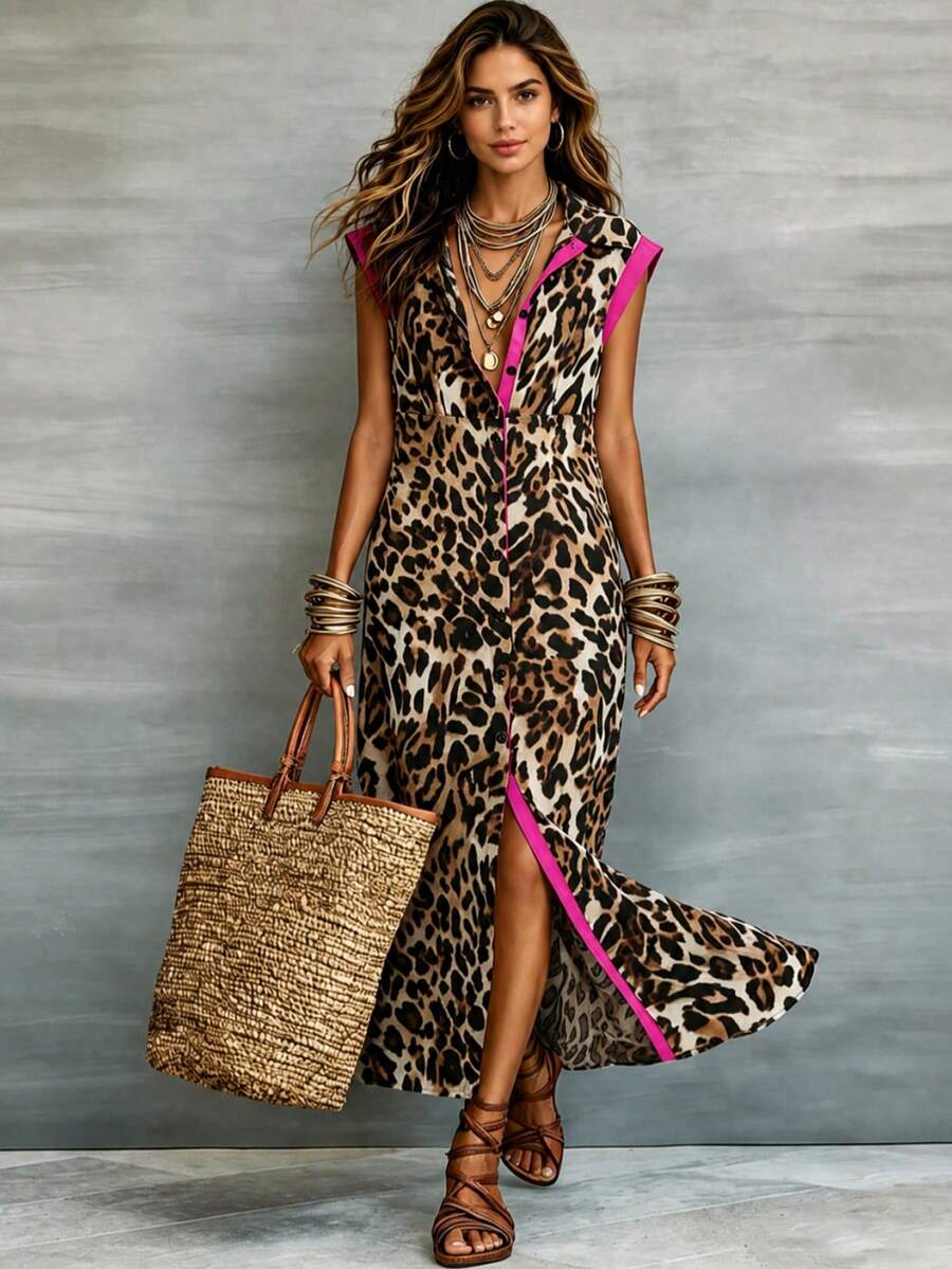 HUTENER Spring/Autumn Women's Long Dress, Leopard Print Shirt Dress, Perfect Choice For Daily Outings And Commuting Elegant Pink Vacation Summer