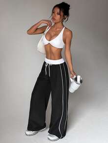 Women Contrast Waist Drawstring Wide Leg Woven Pants,Side Striped Piping Design,Athleisure Gym Outdoor Daily Trousers - Black - View 2