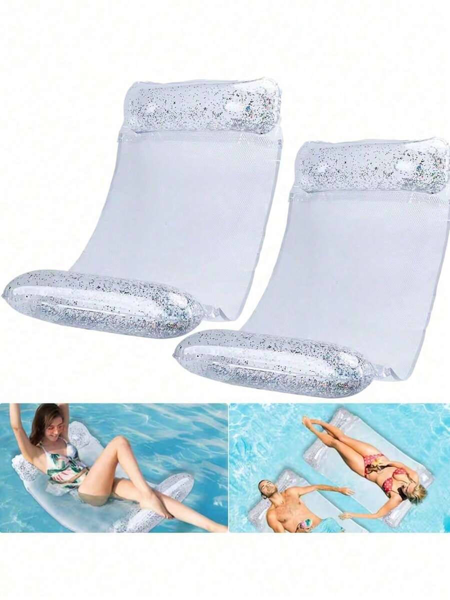 1pc Inflatable Pool Hammock, Mesh Design With Transparent Sequin Decor, Can Be Used As A Lounge Chair; Double-Tube Inflatable Float, Foldable, Suitable For Vacation, Party And Relaxation, Outdoor Hammock, Ideal For Beach And Pool, Great For Photo Effects - A - View 1