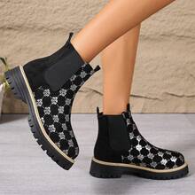Autumn/Winter New Women's Floral Pattern Thick Sole Slip-On Fashion Outdoor Chelsea Boots - Black - View 5