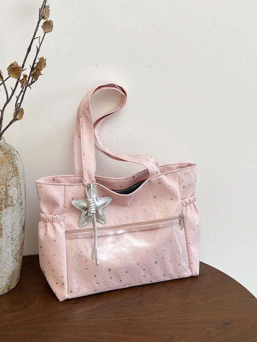 Fashionable Versatile Textured Solid Color New Tote Large Bag Casual Minimalist Contrast Color Shoulder Bag - Pink - View 1