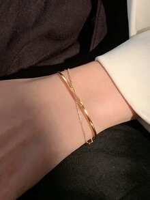 1pc Double Layer Polished Chain Bracelet, Women's Fashion Minimalist Elegant Style, Niche Design, Sophisticated Delicate Hand Accessory, Suitable For Daily Wear, Commute, Date, Party - Gold - View 3