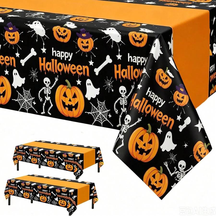 3 Packs/1-Pack Halloween Tablecloth, Disposable Plastic Tablecloth (54"X108") | Halloween Pumpkin Party Table Decorations, Suitable For Indoor And Outdoor Use - Multicolor - View 1