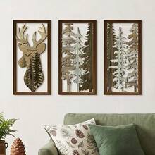 3Pcs Wooden Deer Forest Wall Decor, Rustic Cut‑Out Wood Wall Art, Farmhouse Christmas Hanging Ornament, Nature‑Inspired Wall Plaque For Living Room Bedroom, Cabin Home Accent, Vintage Wood Cutout Wall Sculpture For Indoor Holiday Home Decoration - Reindeer Style - View 2