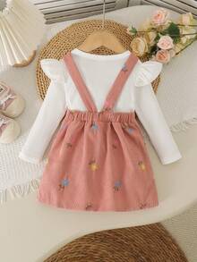 2pcs Set Baju Terusan Bayi Perempuan Lucu Lengan Panjang Bergaris dan Gaun Terusan Korduroi Bordir, Ringan untuk Musim Semi dan Gugur - Putih - View 2