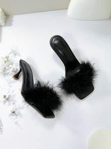 Fashionable Women's High Heel Sandals, High-End Fluffy Faux Feather-Like Elegant Toe Design, Casual Slip-On Half-Back Sandals - Black - View 2