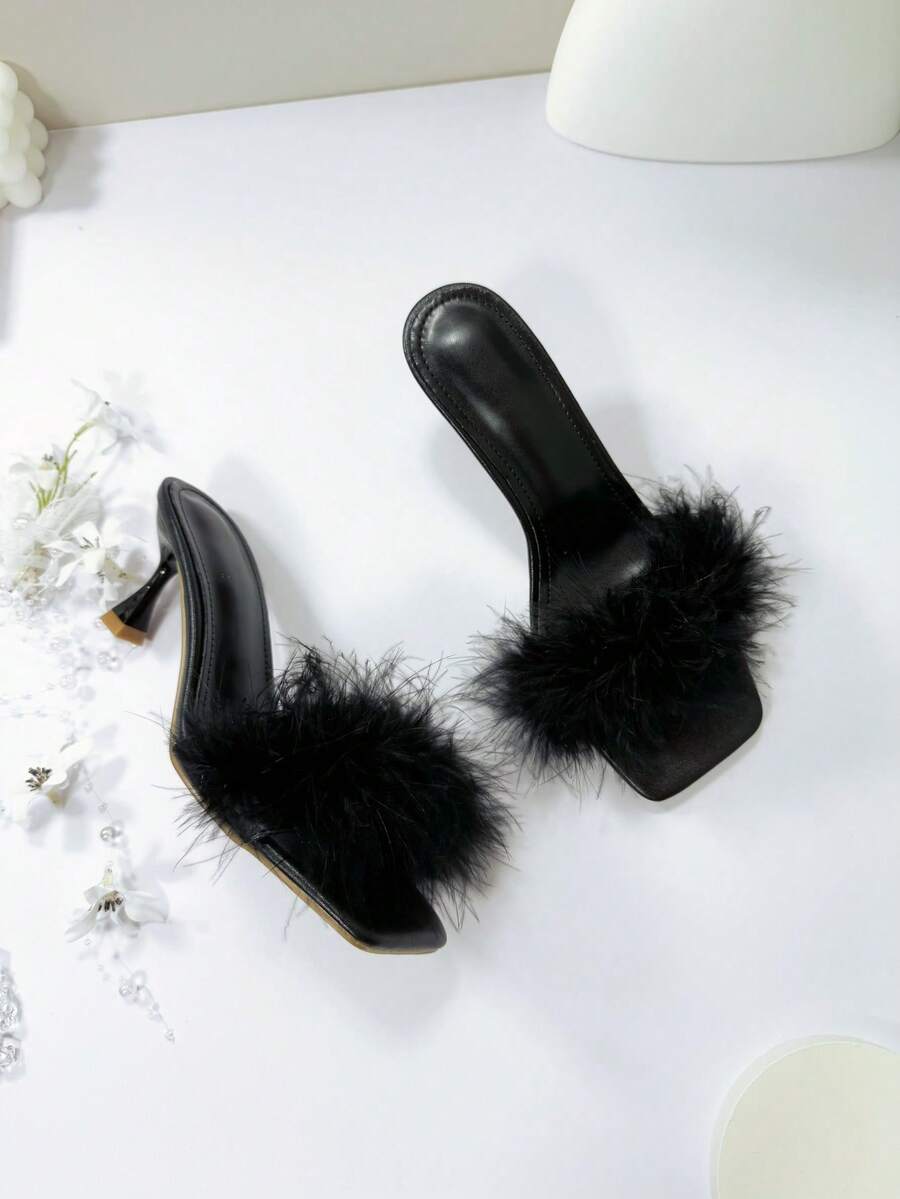 Fashionable Women's High Heel Sandals, High-End Fluffy Faux Feather-Like Elegant Toe Design, Casual Slip-On Half-Back Sandals