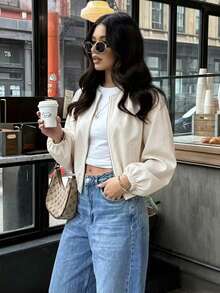 Women's Fashion Long Sleeve Regular Fit Fabric Bomber Jacket, Suitable For Spring And Autumn Casual Outings, Featuring Comfortable Non-Stretch Design. - Beige - View 3