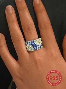1 pièce Bague fleurie luxueuse en argent sterling S925 avec diamants colorés, entièrement sertie de zircone cubique bicolores, design large, bijou en argent élégant, convient pour un port quotidien, assortiment de styles, peut également être offert en cadeau à la petite amie ou à l'amie. Cadeau floral pour la petite amie ou l'amie. Boîte cadeau - Argent - Voir 9