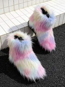 1 Pair Kids Gradient Striped Long Fur Plush Ankle Boots, Loose Cuff Style, Playful Outfit, Suitable For Holiday Atmosphere, Perfect For Winter Outings - Pink - View 7