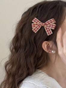 2pcs/4pcs Sweet And Cute Red Plaid Bow Hair Clips - Red - View 3