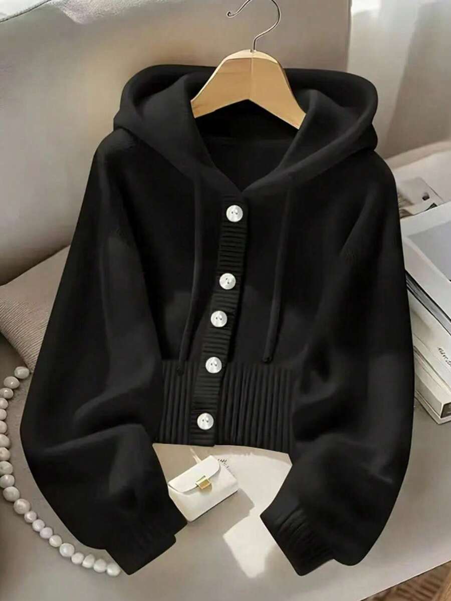 Women's Solid Color Single-Breasted Long-Sleeve Hooded Knit Jacket Yellow Autumn - 黑色 - 查看 1