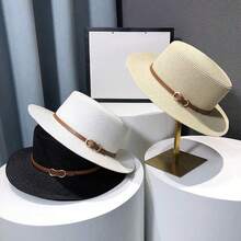 1pc Summer Sunhat For Women, British Style Flat Top Hat With UV Protection - Straw Hat - View 2