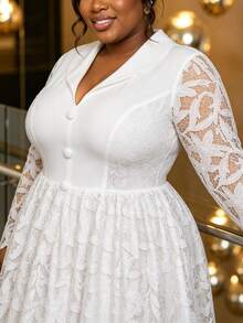 Plus Size White Hollow Floral Lace A Line Dress Lapel Collar Long Sleeve Button Accent Elegant Formal Church Wedding Guest Fall Outfit For Women - White - View 5