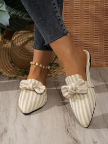 2026 Autumn/Winter New Khaki Striped Bow Pointed Toe Comfortable Lightweight Women's Half-Sling Shoes - Khaki - View 2