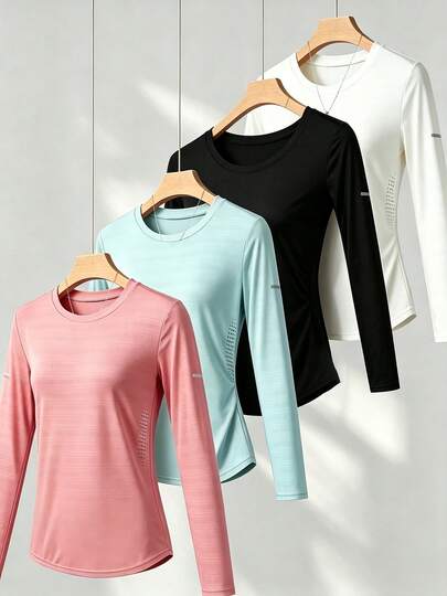 [4PCS] Women's Spring/Summer New 4-Piece Set, 4-Color Quick-Dry Long Sleeve Full-Body Micro-Pore Ice-Cool Breathable Fabric, Side Waist Sweat-Wicking Perforated Design, Reflective Arm Logo, Curved Hem Waist-Flattering Slim-Fit Yoga Jogging Versatile Sports Long Sleeve T-Shirt Multi-Color Combo Pack, Suitable For Daily Wear, Fitness, Outdoor Night Running, Practical Gift For Girlfriend, Best Friend, Mom