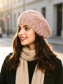 Women Cable Knit Beret Hat, Warm Solid Color Slouchy Beanie, Fall Winter Soft Knitted Cap - Multicolor - View 5
