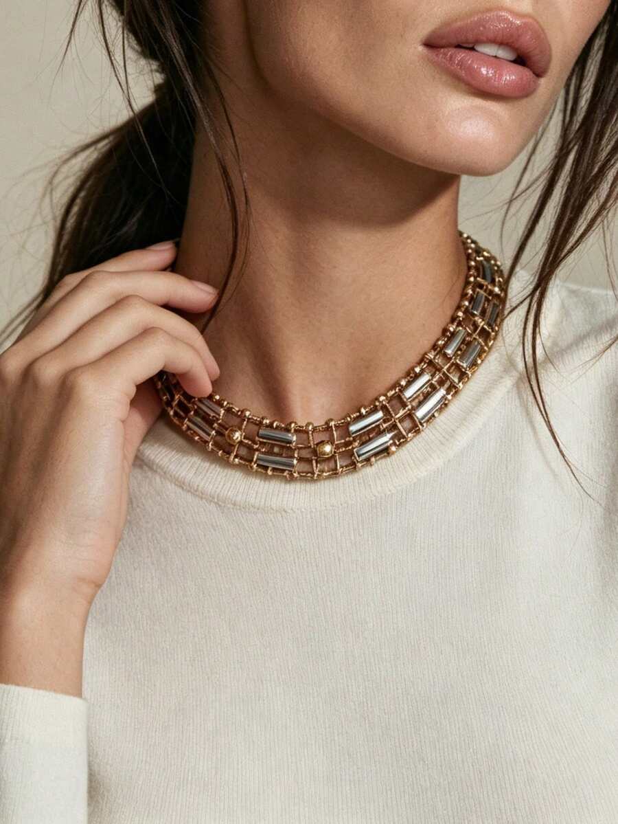 Kalung Rantai Emas & Perak Dua Warna untuk Wanita, Perhiasan Fashion Minimalis Elegan untuk Pemakaian Sehari-hari - MultiWarna - View 1