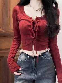 Sexy Autumn Sexy Drawstring Red Tight-Fitting Base Layer Top For Women, Design-Driven Innerwear - Red - View 2