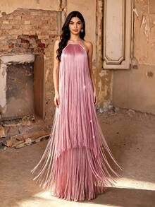 Gaun Malam Maxi Elegan Mewah Musim Panas dan Gugur dengan Kerah Halter Dua Lapis, Rumbai Berkilau, Punggung Terbuka dan Tali Ikat untuk Pesta Gala Pernikahan serta Prom - Baby Pink - View 7