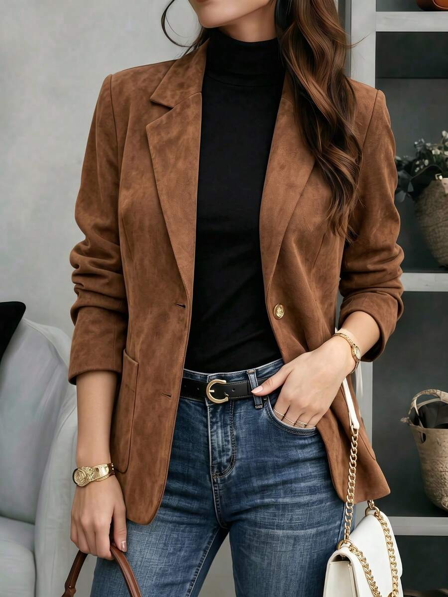 Women's Solid Brown Blazer, Collared Long Sleeve Button Jacket With Pockets For Fashion Business, Office, Commute, Spring Fall Winter Essential - Brown - View 1