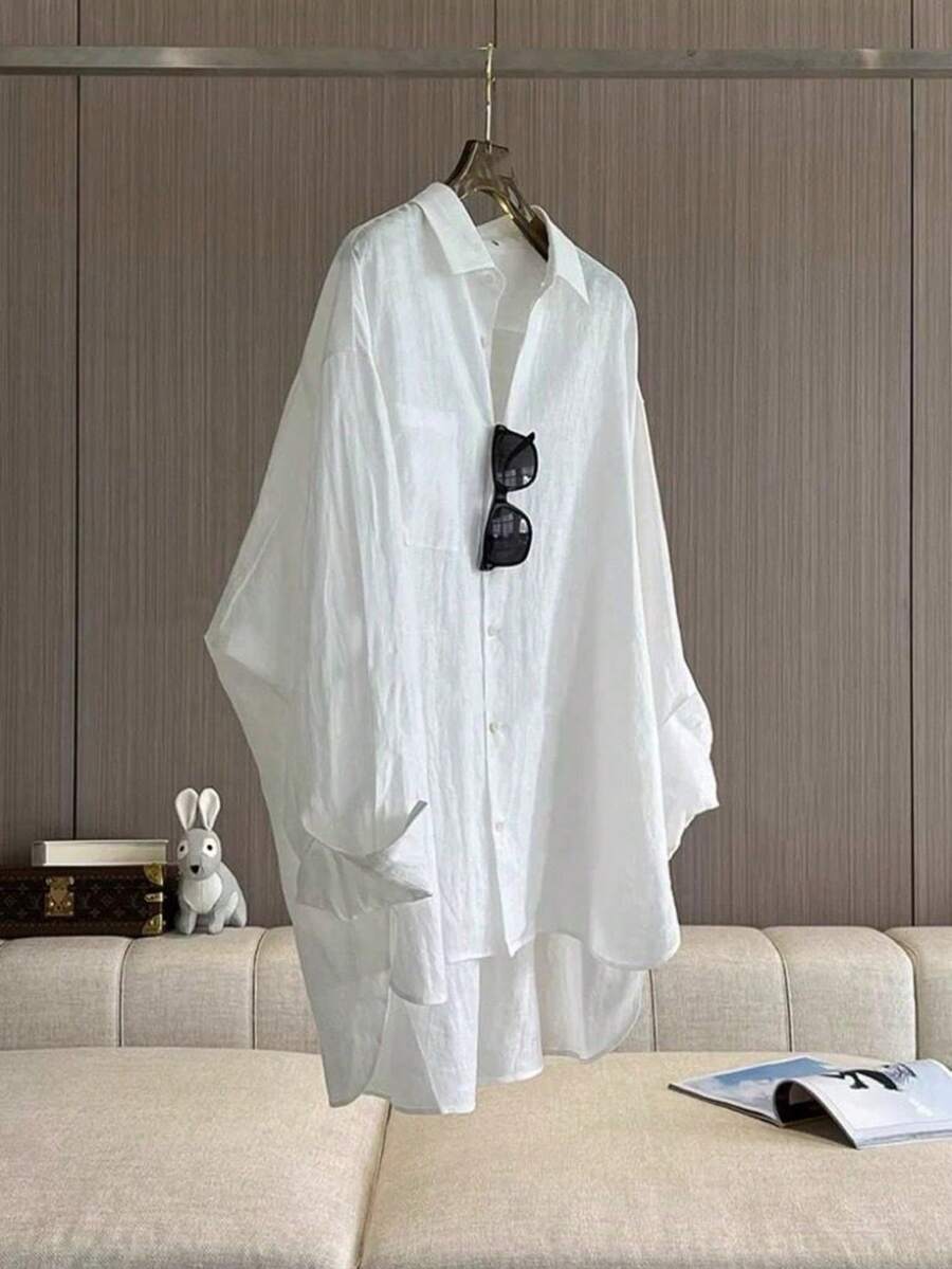 Women's Plus Size Long Sleeve Shirt, Classic Versatile Elegant White Collared Blouse - White - View 1