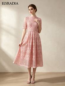 ELYRADIA Women's Elegant Pink Mid-Length Dress, Stand Collar A-Line Hollow-Out Water-Soluble Lace Wedding Guest Party Gown - Pink - View 6