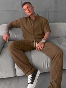 YUNCHIC Summer Ice Silk Textured Coffee Brown Stand Collar Short Sleeve Set Men's Thin Breathable Casual 2 Pieces Outfit Vacation Commute Drape Long Pants - Coffee Brown - View 2