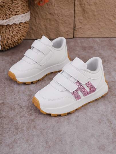 1 Pair Children's Pink Sequin Decorated Sports Shoes With Hook And Loop Design, Flat Fashion Sneakers Suitable For All Seasons