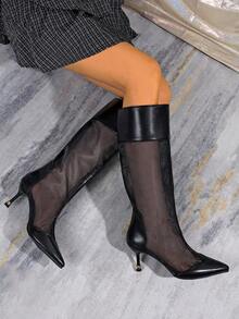 Sexy Pointed Toe Mesh High Tube Boots Women Stiletto Heel Breathable Hollow Out Slimming Long Boots Fashion Pants Boots - Black - View 3