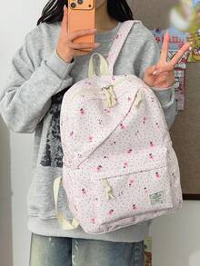 1pc Cute Floral Pattern Nylon Backpack, Lightweight Large Capacity School Day Bag, Adjustable Shoulder Strap Bookbag, Suitable For Girls/Boys/Students, Perfect For Daily Use, Outings, Travel, School And Back To School Season. - Pink - View 5