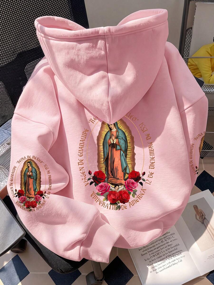1pc Girls' Hooded Sweatshirt, Back Guadalupe Virgin Mary With Spanish Text And Rose Print, Double Sleeves With Matching Pattern, Vintage Exotic Style - Pink - View 1
