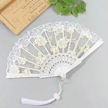 1pc White Lace Floral Folding Fan With Tassel, Vintage Rose Embroidery Hand Fan, Elegant Decorative Handheld Fan For Wedding Photoshoot, Cosplay Party - Multicolor - View 10