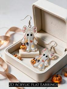 2D Sweet & Cool Floral Bow Patch Ghost Pendant Earrings, Pumpkin Trick Or Treat Bucket, Flat Acrylic Dangle Earrings, Cute Halloween Earrings - Floral Patchwork Ghost - View 2
