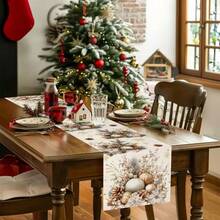 1-Piece Linen Table Runner, Featuring Christmas Balls, Pine Cones, And Floral Designs, Durable Indoor And Outdoor Holiday Table Flags Suitable For Kitchen, Dining, And Christmas Party Decorations, Holiday Themes, And Home Decor. - Multicolor - View 6