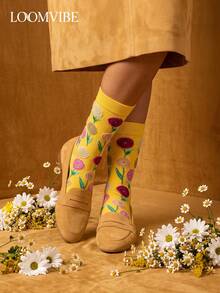 1 Pair Unisex Bright Yellow Background Vintage Floral Pattern Flat Print Breathable Retro Pastoral Style Mid-Calf Socks Suitable For Daily Wear - Multicolor - View 3