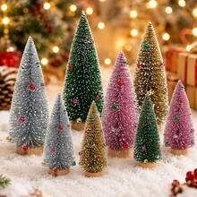 5pcs Set Snow Flocked Bottle Brush Christmas Tree, Multicolor Mini Pine Trees With Decorative Balls, Wooden Base, Desktop Winter Village Christmas Home Decor - Multicolor - View 5
